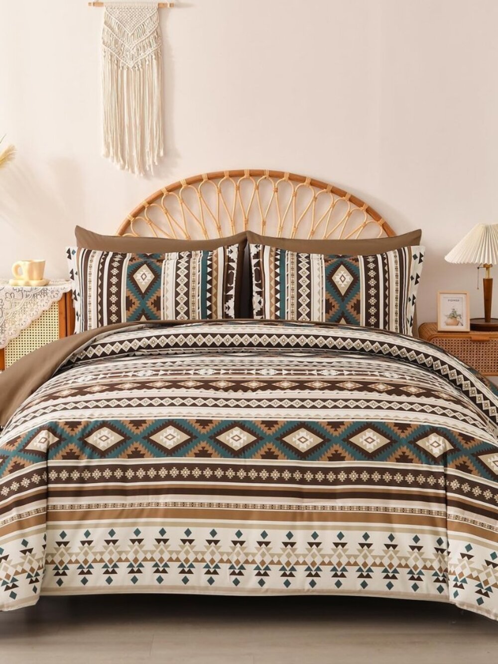 Brown Boho Comforter Set Queen Size,7 Pieces Bed in a Bag Queen Coffee Aztec